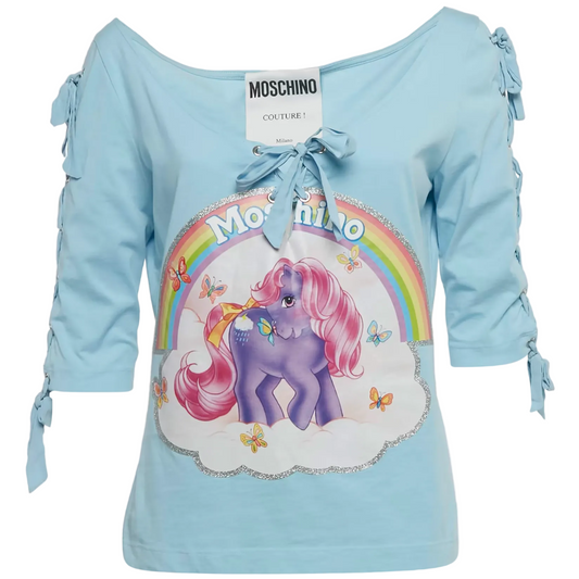 Moschino Couture SS 2018 Blue my Little Pony Print Lace-Up Detail Top