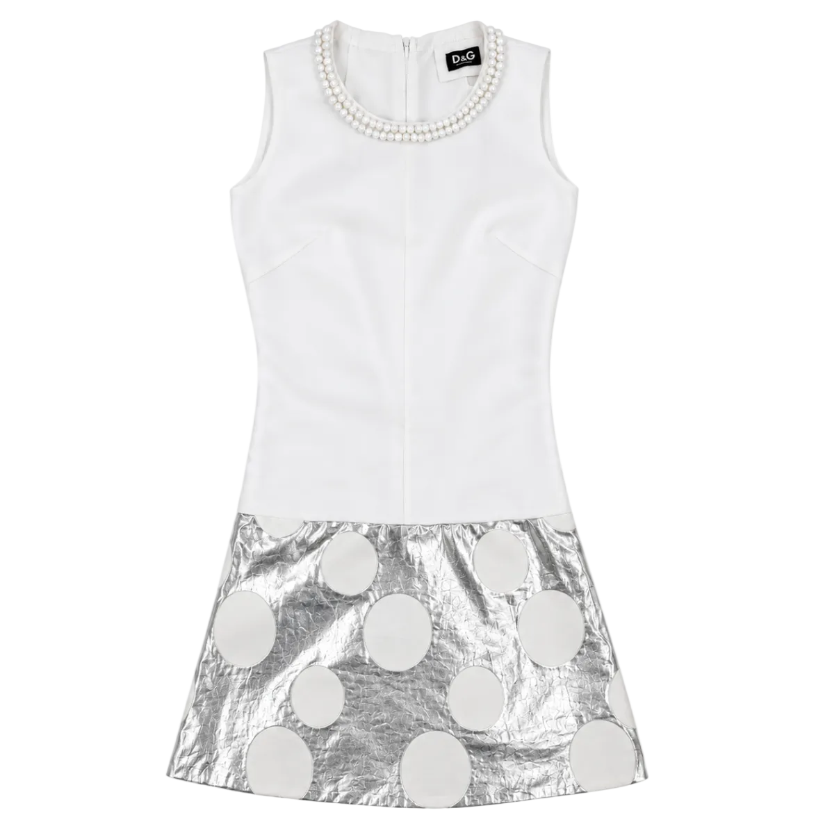 D&G Dolce & Gabbana White Pearl Neckline Silver Polka Dot Mini Dress