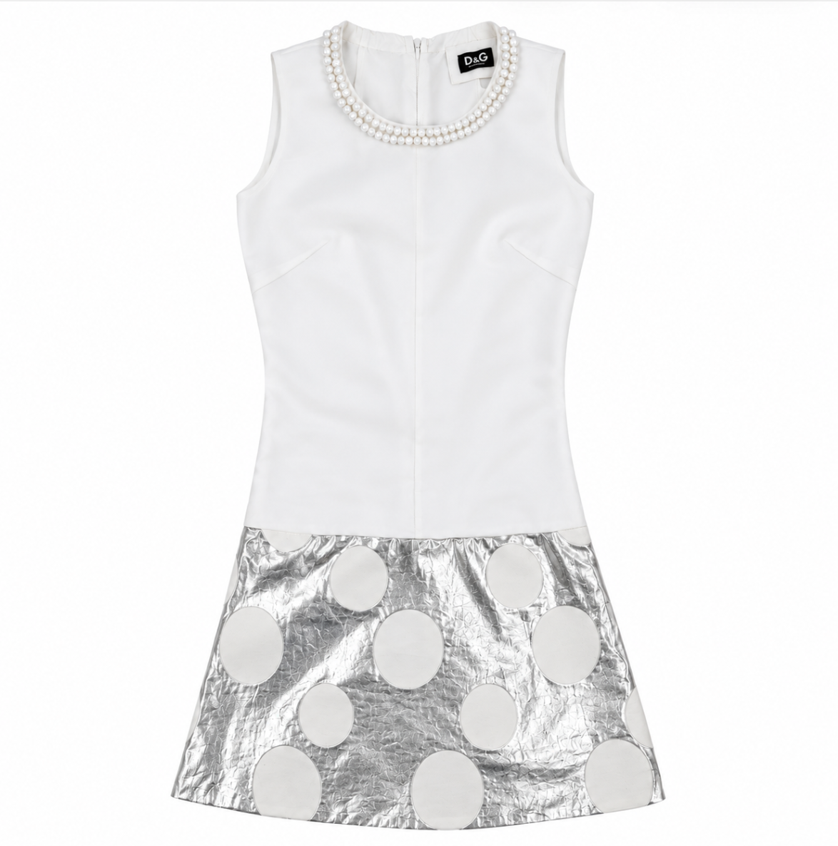 D&G Dolce & Gabbana White Pearl Neckline Silver Polka Dot Mini Dress