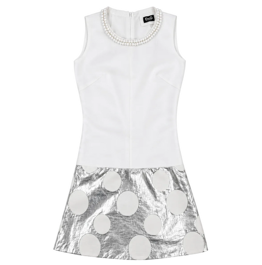 D&G Dolce & Gabbana White Pearl Neckline Silver Polka Dot Mini Dress