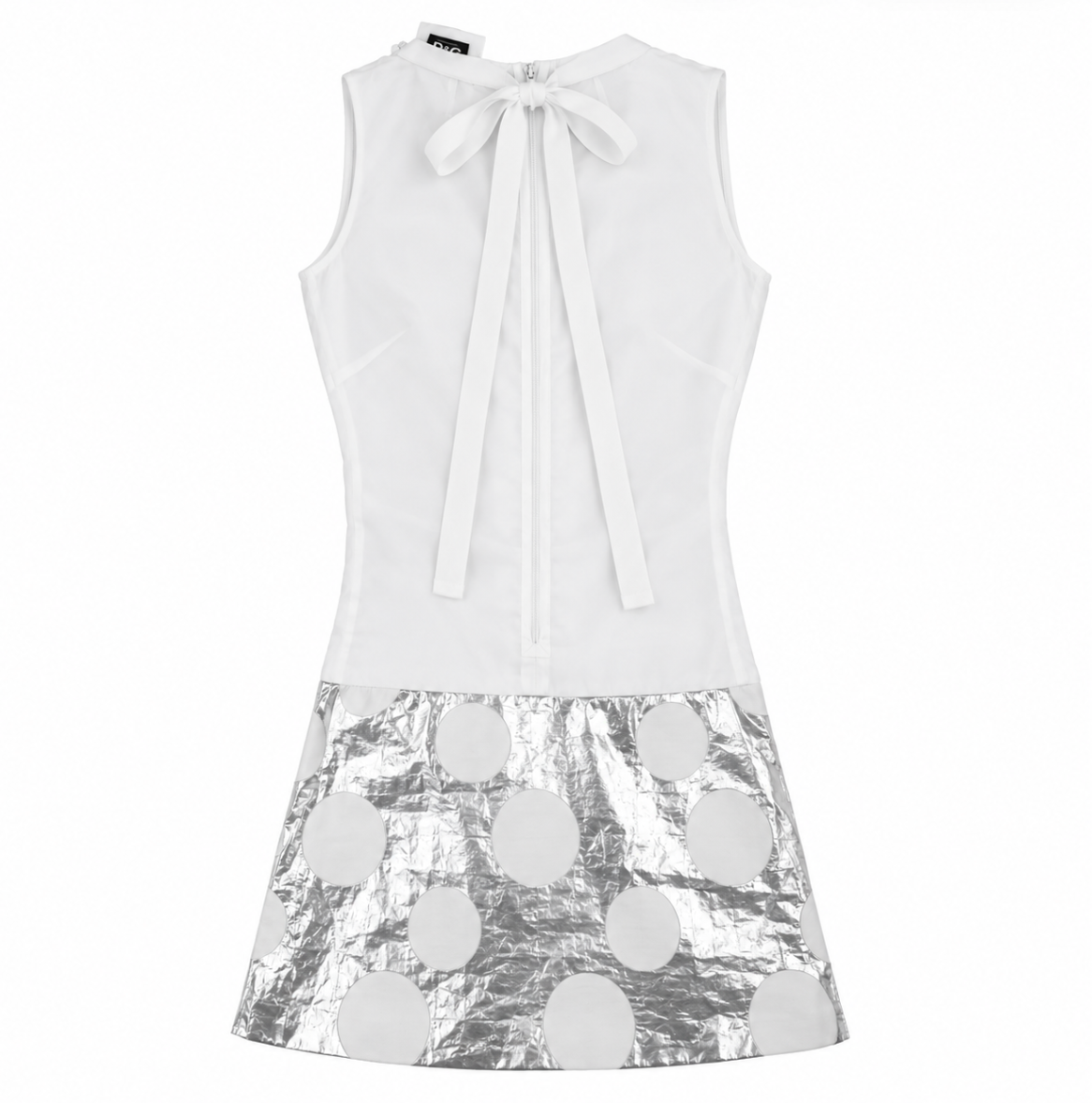 D&G Dolce & Gabbana White Pearl Neckline Silver Polka Dot Mini Dress