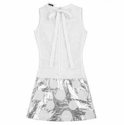 D&G Dolce & Gabbana White Pearl Neckline Silver Polka Dot Mini Dress