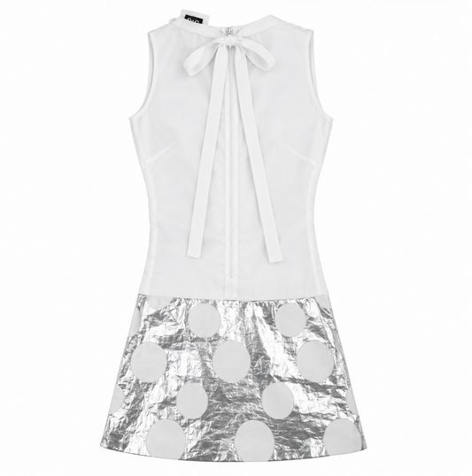D&G Dolce & Gabbana White Pearl Neckline Silver Polka Dot Mini Dress