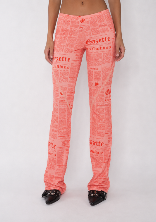 John Galliano Gazette Newspaper Print Pink Mesh Flared Pants