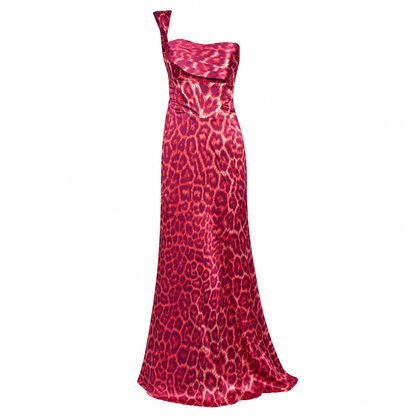 Just Cavalli S/S 2008 Pink Leopard Print One Shoulder Maxi Dress