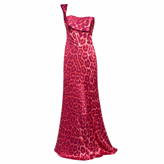 Just Cavalli S/S 2008 Pink Leopard Print One Shoulder Maxi Dress