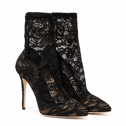 Dolce & Gabbana Black Floral Lace Sock Stiletto Boots