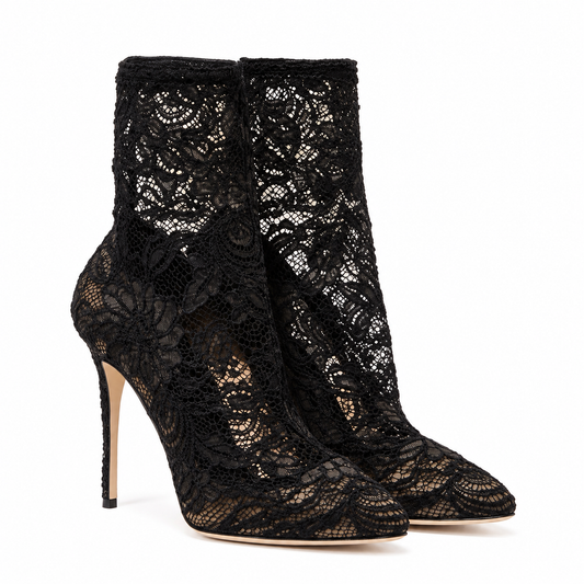 Dolce & Gabbana Black Floral Lace Sock Stiletto Boots