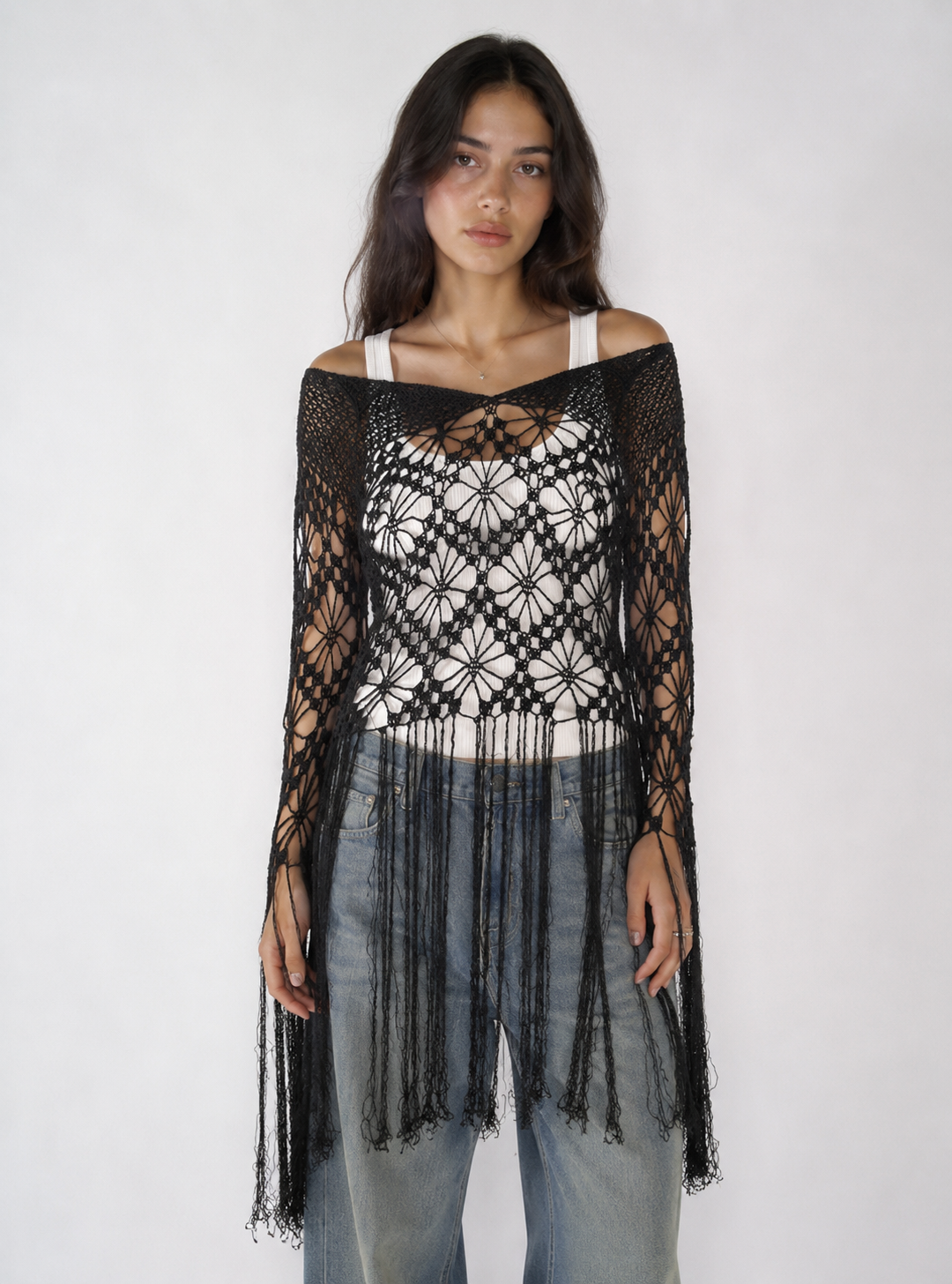 Nolita NYC Black Hand-Crocheted Floral Fringe Off-Shoulder Knit Top