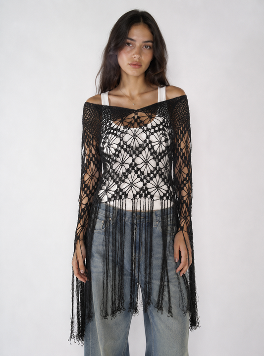 Nolita NYC Black Hand-Crocheted Floral Fringe Off-Shoulder Knit Top