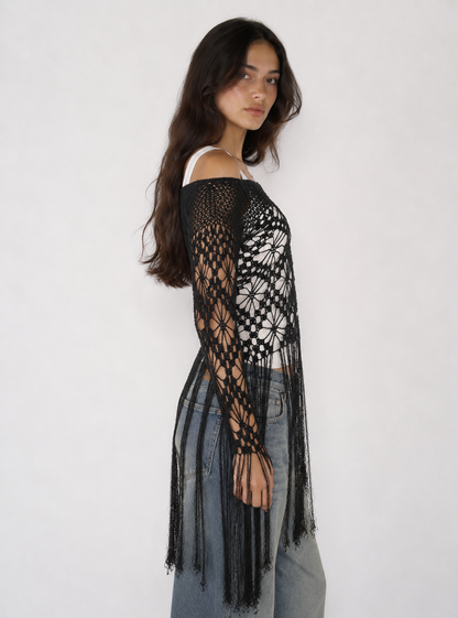 Nolita NYC Black Hand-Crocheted Floral Fringe Off-Shoulder Knit Top