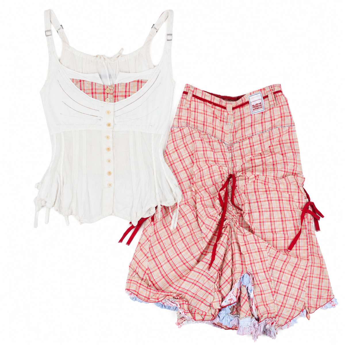 Marithé François Girbaud Red Plaid Ruched Asymmetric Skirt