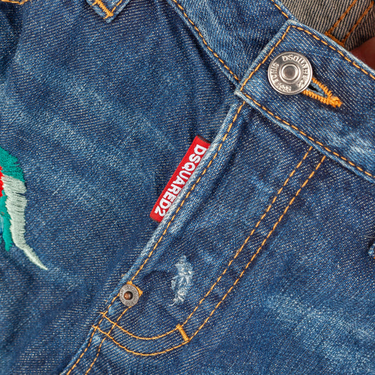DSQUARED2 Navy Blue Birds Embroidered Denim Distressed Hockney Jeans