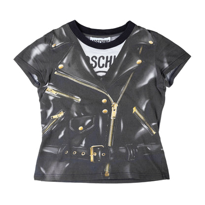 Moschino Couture Black Leather Jacket Print Top  