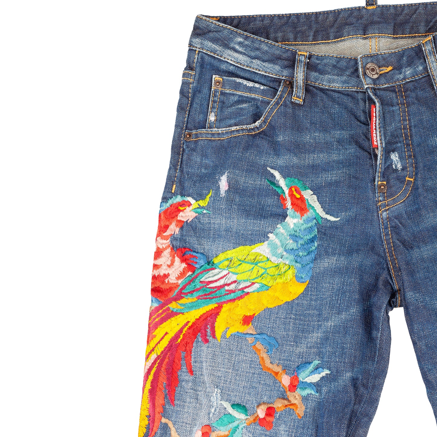 DSQUARED2 Navy Blue Birds Embroidered Denim Distressed Hockney Jeans
