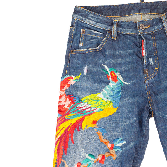 DSQUARED2 Navy Blue Birds Embroidered Denim Distressed Hockney Jeans