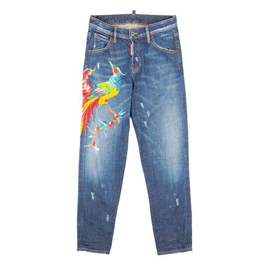 DSQUARED2 Navy Blue Birds Embroidered Denim Distressed Hockney Jeans