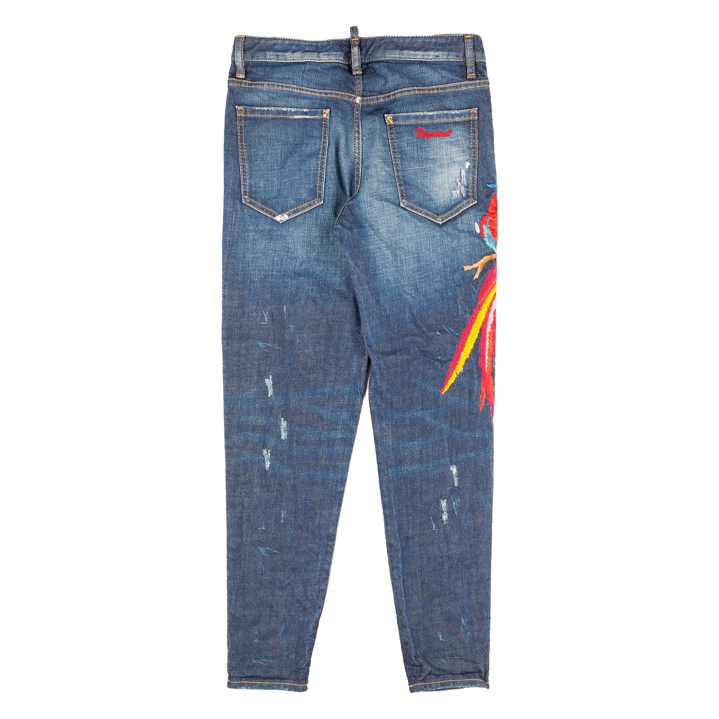 DSQUARED2 Navy Blue Birds Embroidered Denim Distressed Hockney Jeans