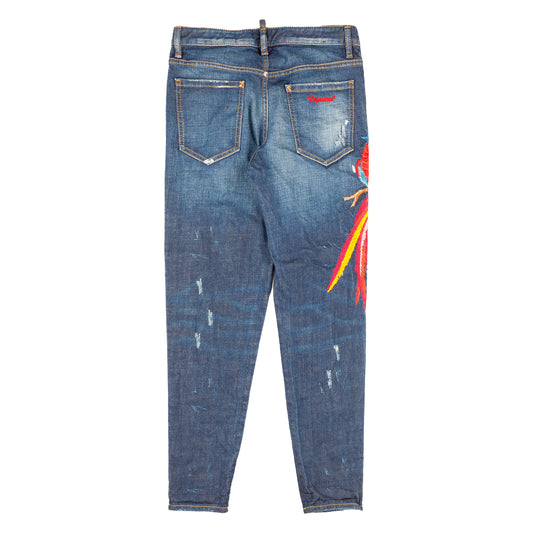 DSQUARED2 Navy Blue Birds Embroidered Denim Distressed Hockney Jeans