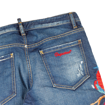 DSQUARED2 Navy Blue Birds Embroidered Denim Distressed Hockney Jeans  
