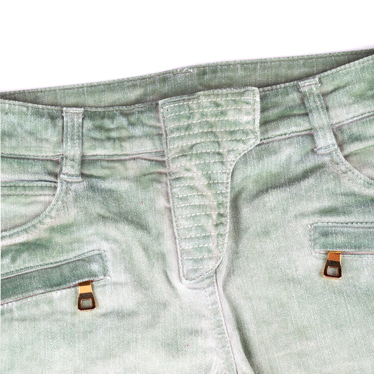 Balmain Paris Washed Military Green Biker Skinny Jeans