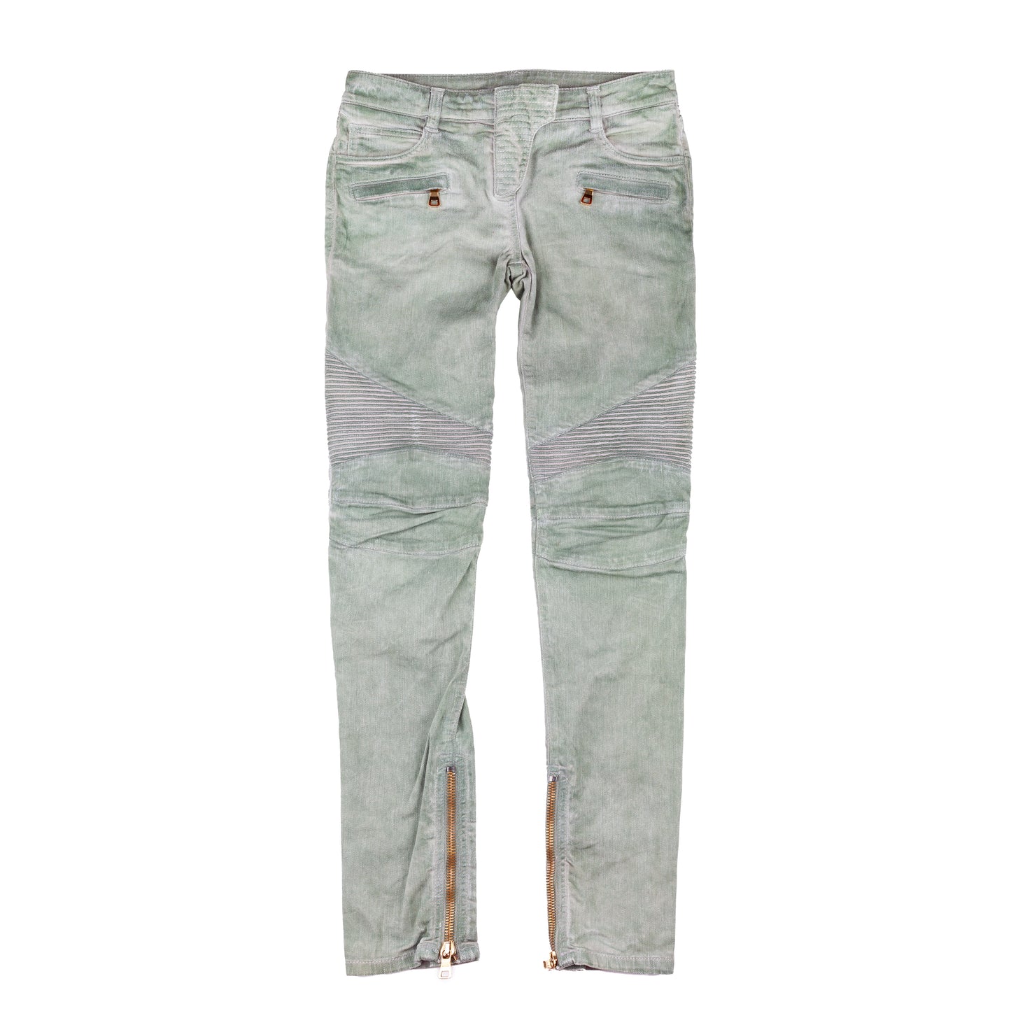 Balmain Paris Washed Military Green Biker Skinny Jeans