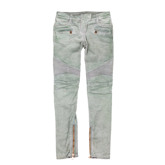 Balmain Paris Washed Military Green Biker Skinny Jeans