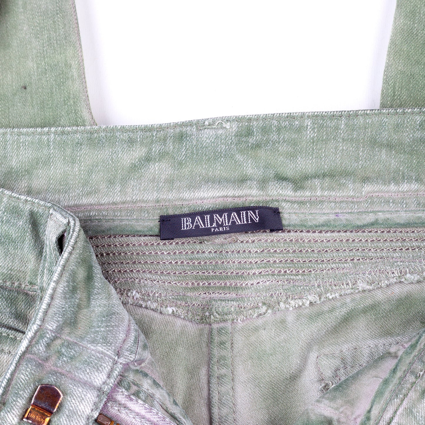 Balmain Paris Washed Military Green Biker Skinny Jeans