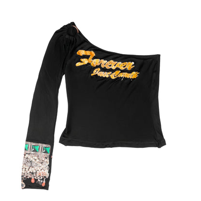 Just Cavalli Vintage One Shoulder Long Sleeve Jewelry Top  