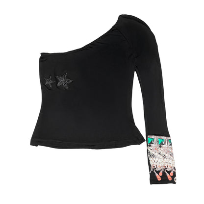 Just Cavalli Vintage One Shoulder Long Sleeve Jewelry Top  