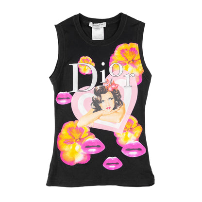 Christian Dior 2005 SS Vintage Rare Black Floral Lips Print Tank Top  