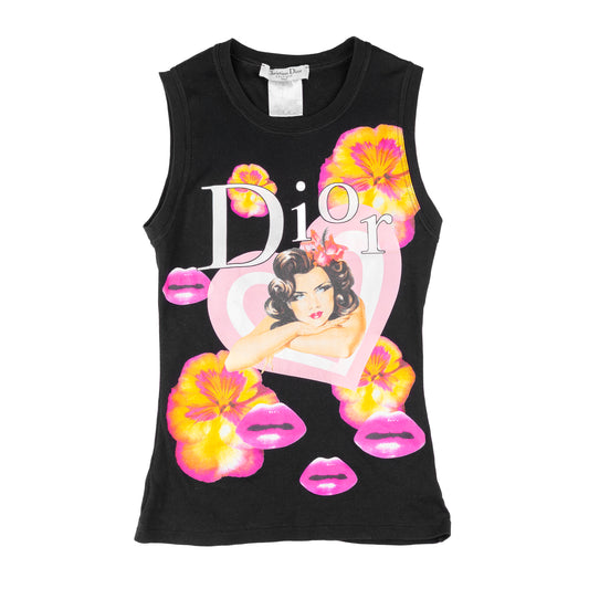 Christian Dior 2005 SS Vintage Rare Black Floral Lips Print Tank Top