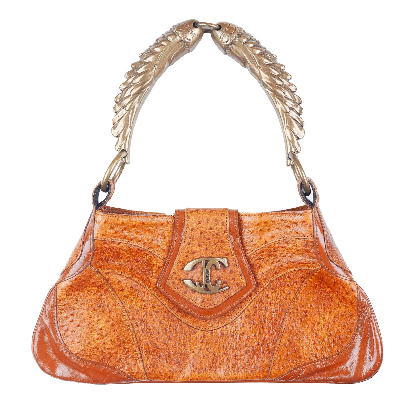 Just Cavalli Orange-Brown Ostrich Vintage Leather Bag