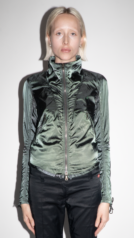 Prada Sport Vintage Green Windbreaker Jacket with Lace-Up Sleeves  