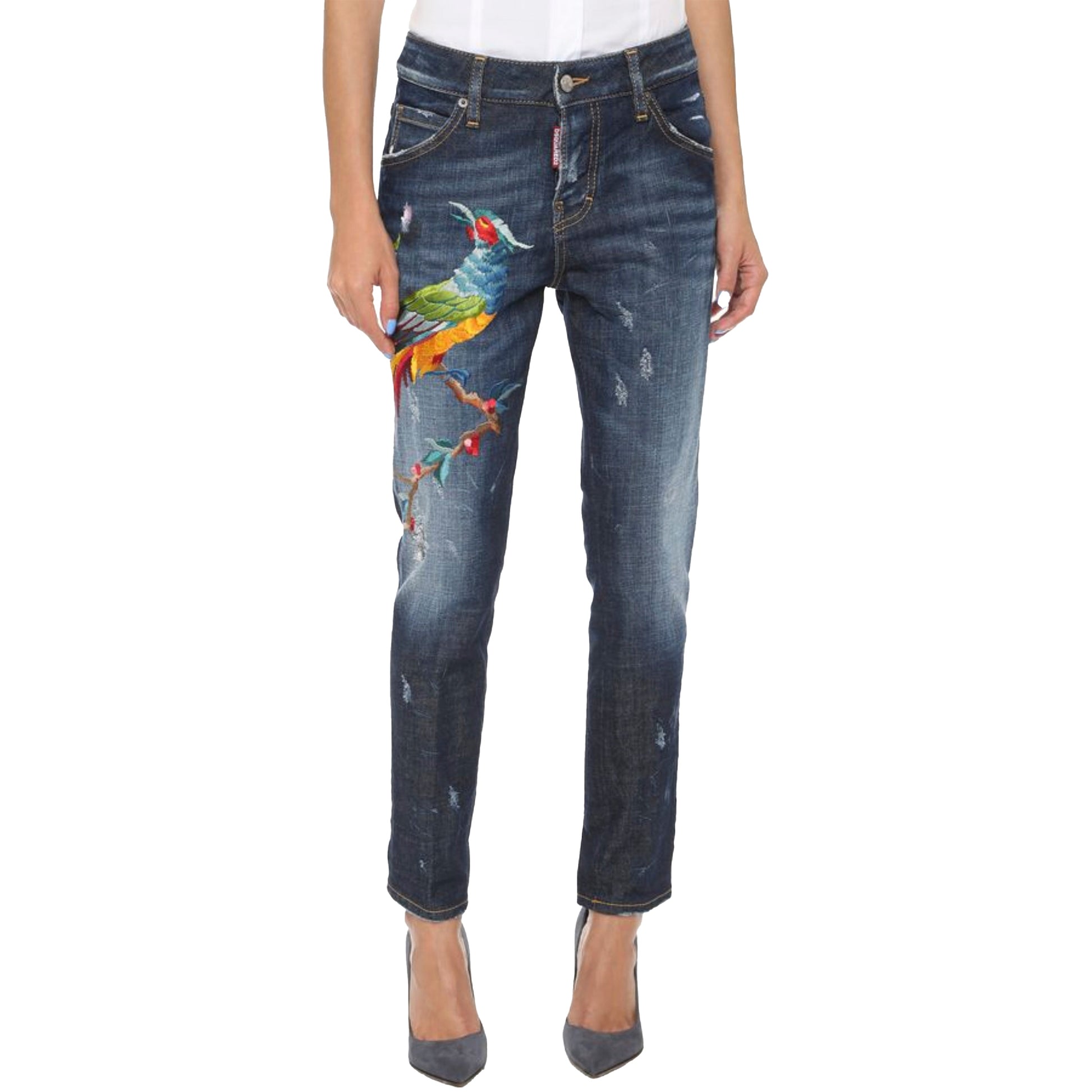 DSQUARED2 Navy Blue Birds Embroidered Denim Distressed Hockney Jeans  