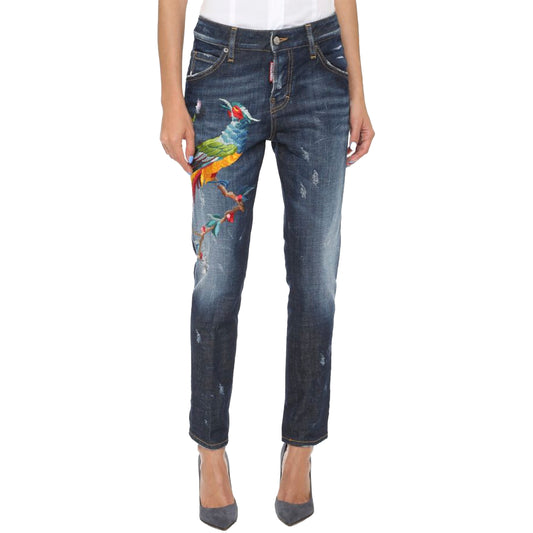 DSQUARED2 Navy Blue Birds Embroidered Denim Distressed Hockney Jeans