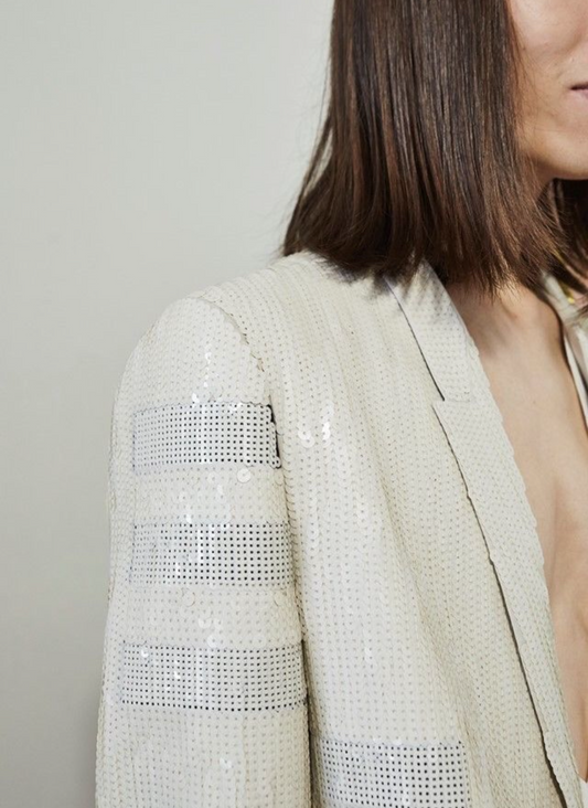 Rick Owens Runway Tecuatl 2020 Cropped Sequins White Chalk Blazer Jacket (XS/S)