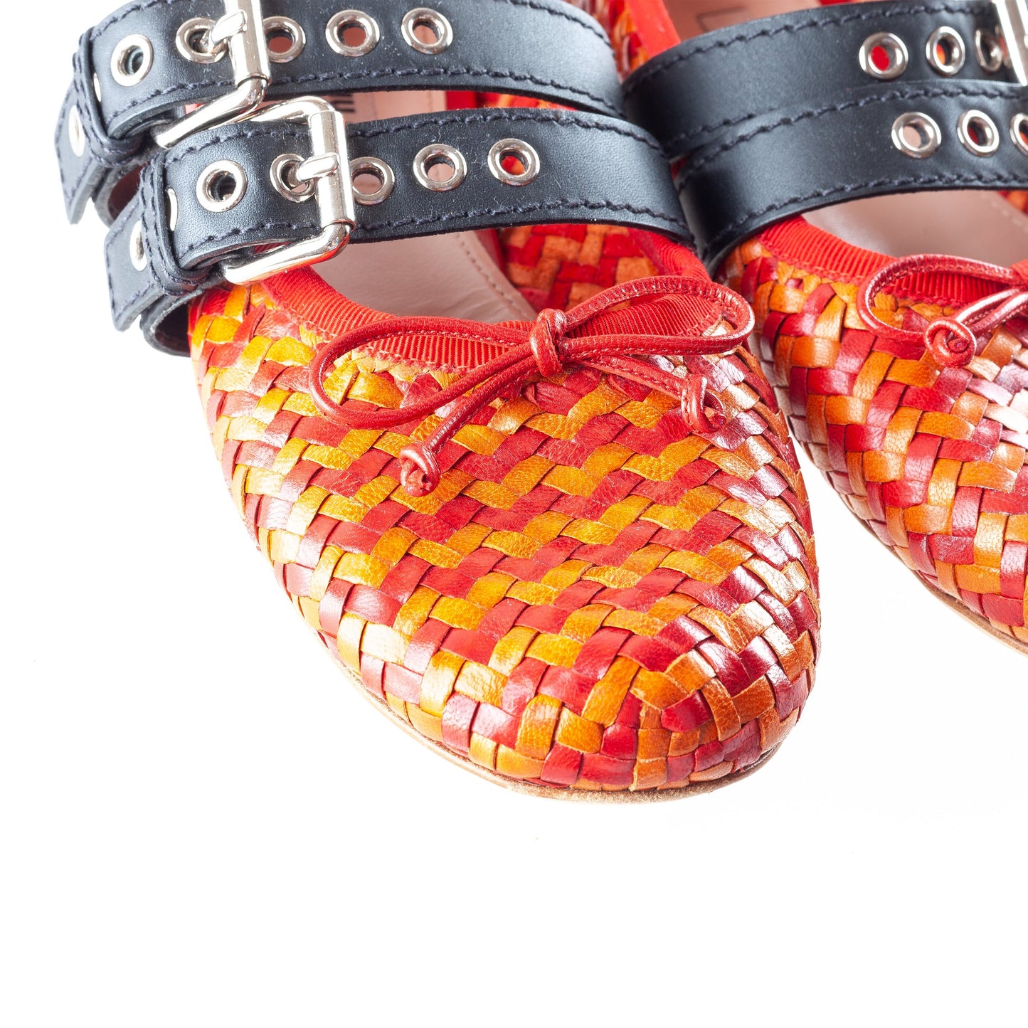 Miu Miu Red & Orange Woven Rattan Ballet Flats with Black Straps⁣⁣