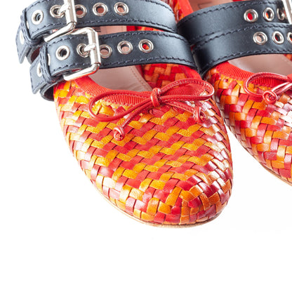 Miu Miu Red & Orange Woven Rattan Ballet Flats with Black Straps⁣⁣