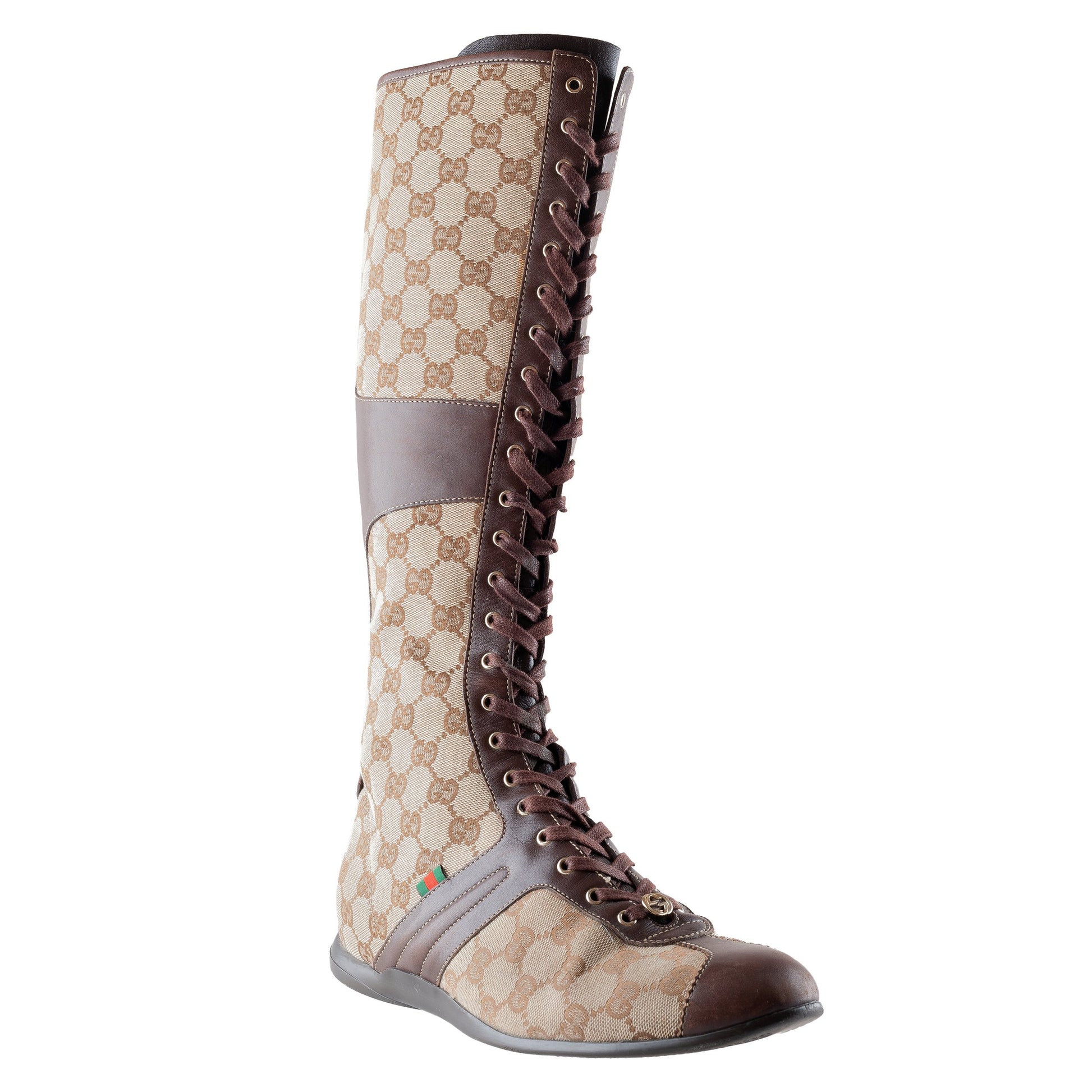 Gucci 164185 Monogram Lace Up High Knee Boots