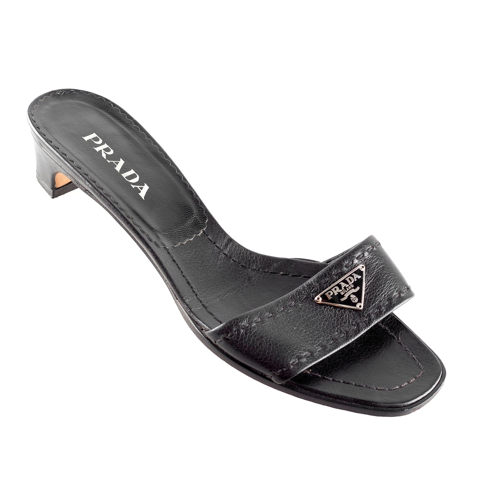 Prada Triangle Black Leather Logo Mules (37 EU)