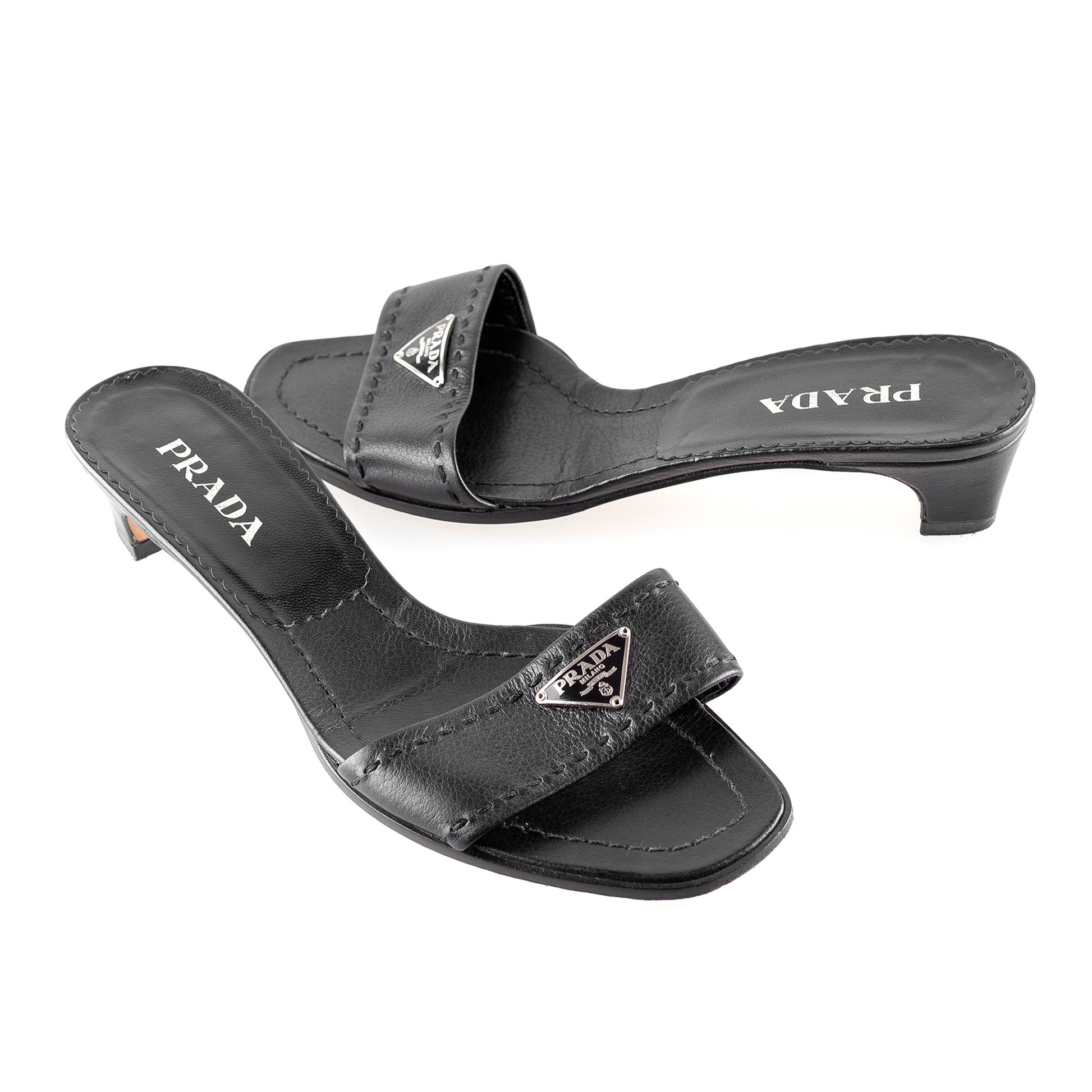 Prada Triangle Black Leather Logo Mules (37 EU)