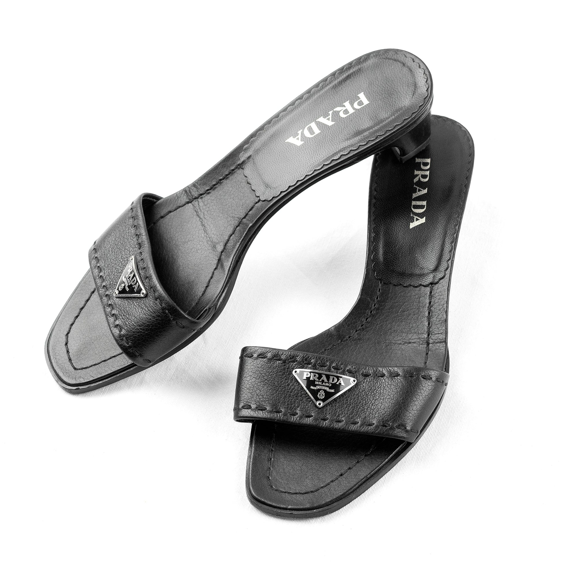 Prada Triangle Black Leather Logo Mules (37 EU)