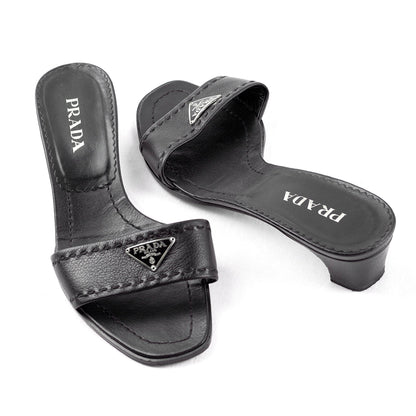 Prada Triangle Black Leather Logo Mules (37 EU)