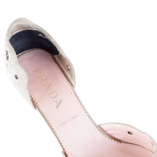 Prada Tan Suede Eyelet Bow Kitten Heels