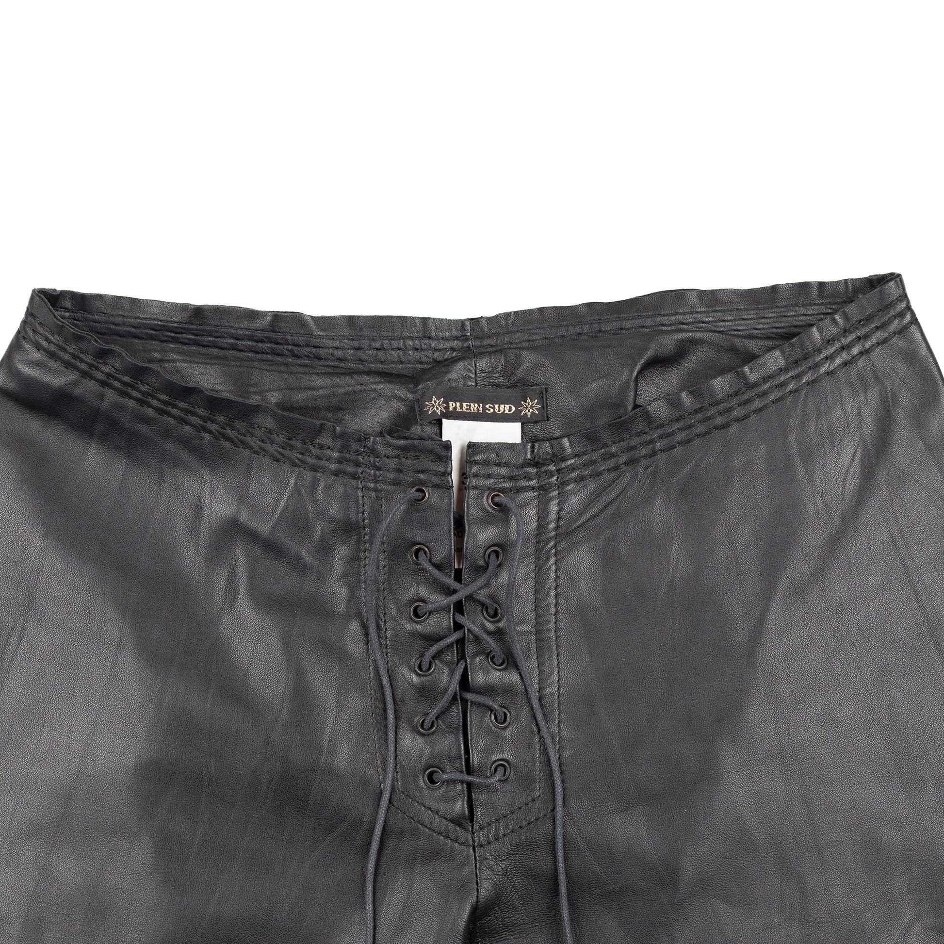 Plein Sud Black Lambskin Lace Up Front Leather Flare Pants.