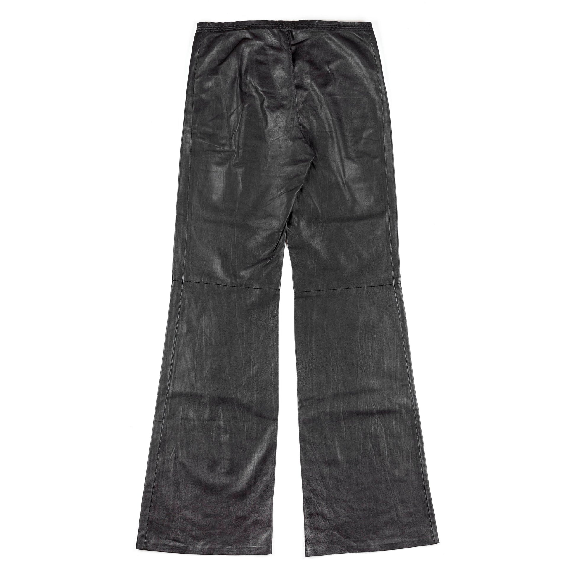 Plein Sud Black Lambskin Lace Up Front Leather Flare Pants.