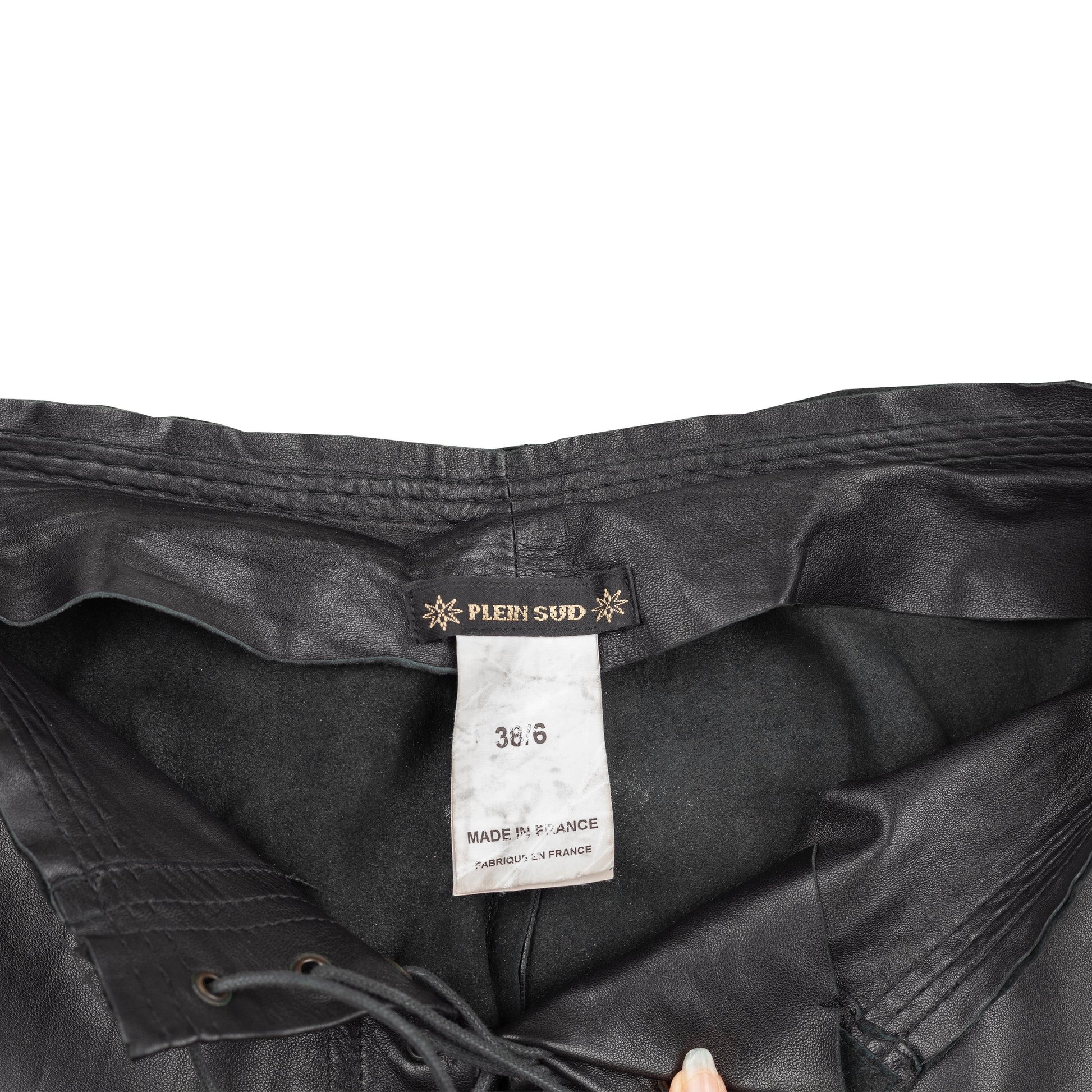 Plein Sud Black Lambskin Lace Up Front Leather Flare Pants.