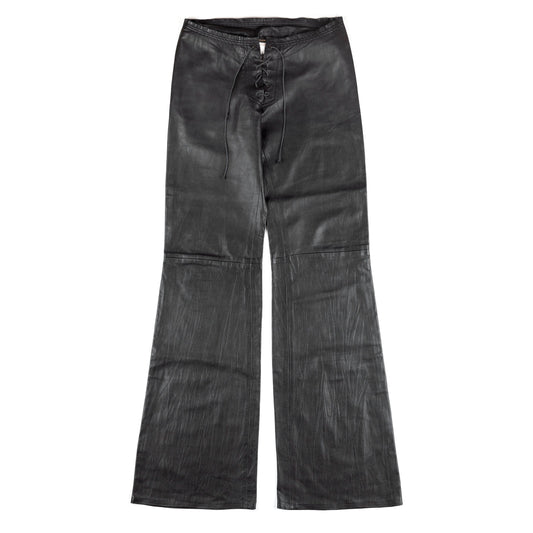 Plein Sud Black Lambskin Lace Up Front Leather Flare Pants.