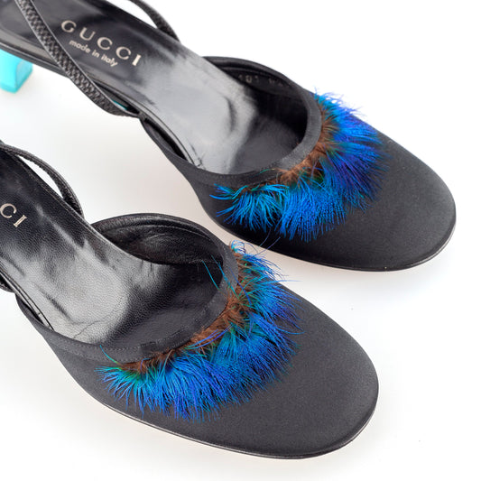 Gucci by Tom Ford Feather Slingback Sandals from the S/S 1999 Ready To Wear Collection (37 EU)